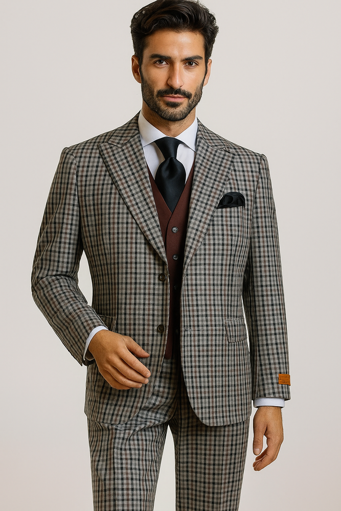 Steve Harvey Suit - Peak Lapel Modern Fit - No Pleated Pants Designer Brand Multicolor 3 Piece Single Breasted Vested Suit