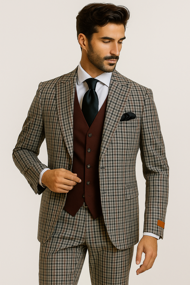 Steve Harvey Suit - Peak Lapel Modern Fit - No Pleated Pants Designer Brand Multicolor 3 Piece Single Breasted Vested Suit