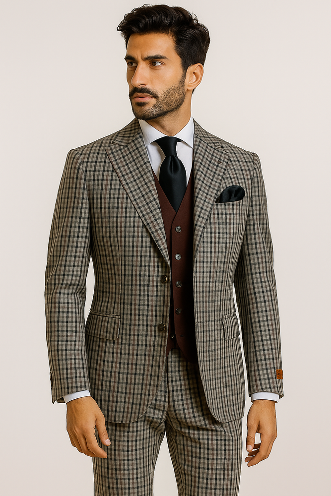 Steve Harvey Suit - Peak Lapel Modern Fit - No Pleated Pants Designer Brand Multicolor 3 Piece Single Breasted Vested Suit
