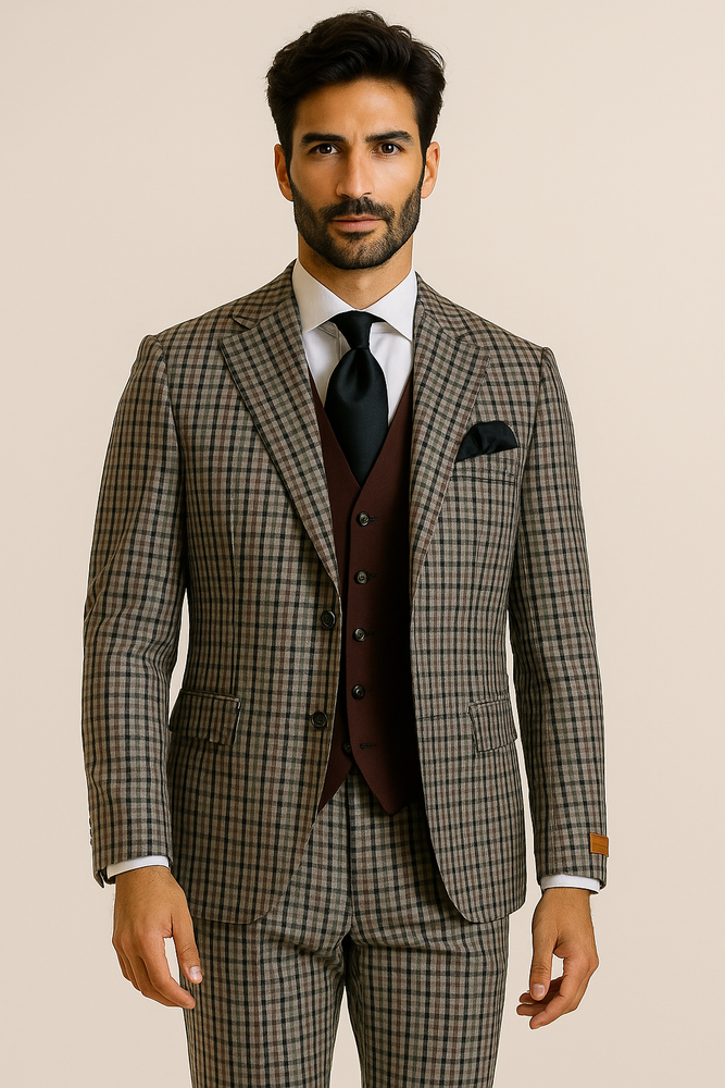 Steve Harvey Suit - Peak Lapel Modern Fit - No Pleated Pants Designer Brand Multicolor 3 Piece Single Breasted Vested Suit