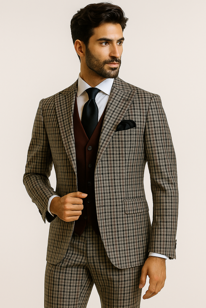 Steve Harvey Suit - Peak Lapel Modern Fit - No Pleated Pants Designer Brand Multicolor 3 Piece Single Breasted Vested Suit