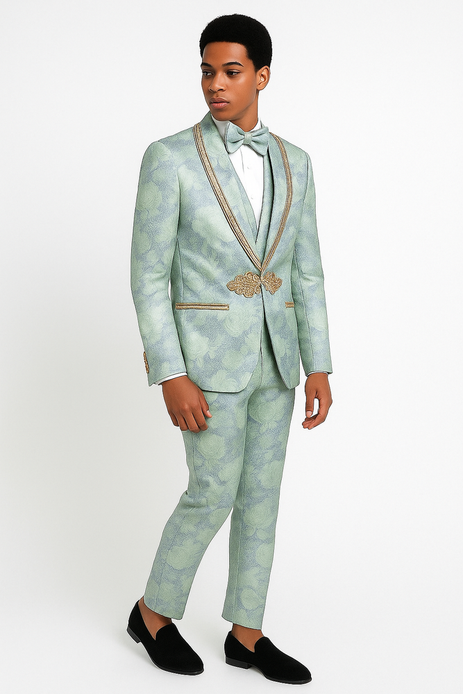 Men's Mint Green - Sage and Gold Trim Collar Floral Brocade Blazer with Gold Embellishments Prom Suit