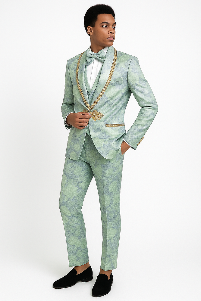 Men's Mint Green - Sage and Gold Trim Collar Floral Brocade Blazer with Gold Embellishments Prom Suit