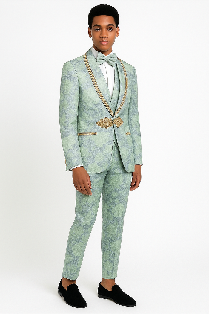 Men's Mint Green - Sage and Gold Trim Collar Floral Brocade Blazer with Gold Embellishments Prom Suit
