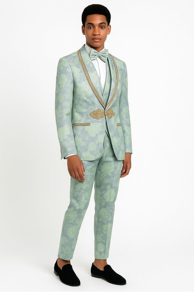 Men's Mint Green - Sage and Gold Trim Collar Floral Brocade Blazer with Gold Embellishments Prom Suit