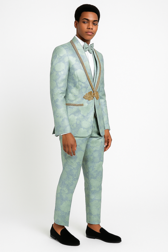 Men's Mint Green - Sage and Gold Trim Collar Floral Brocade Blazer with Gold Embellishments Prom Suit