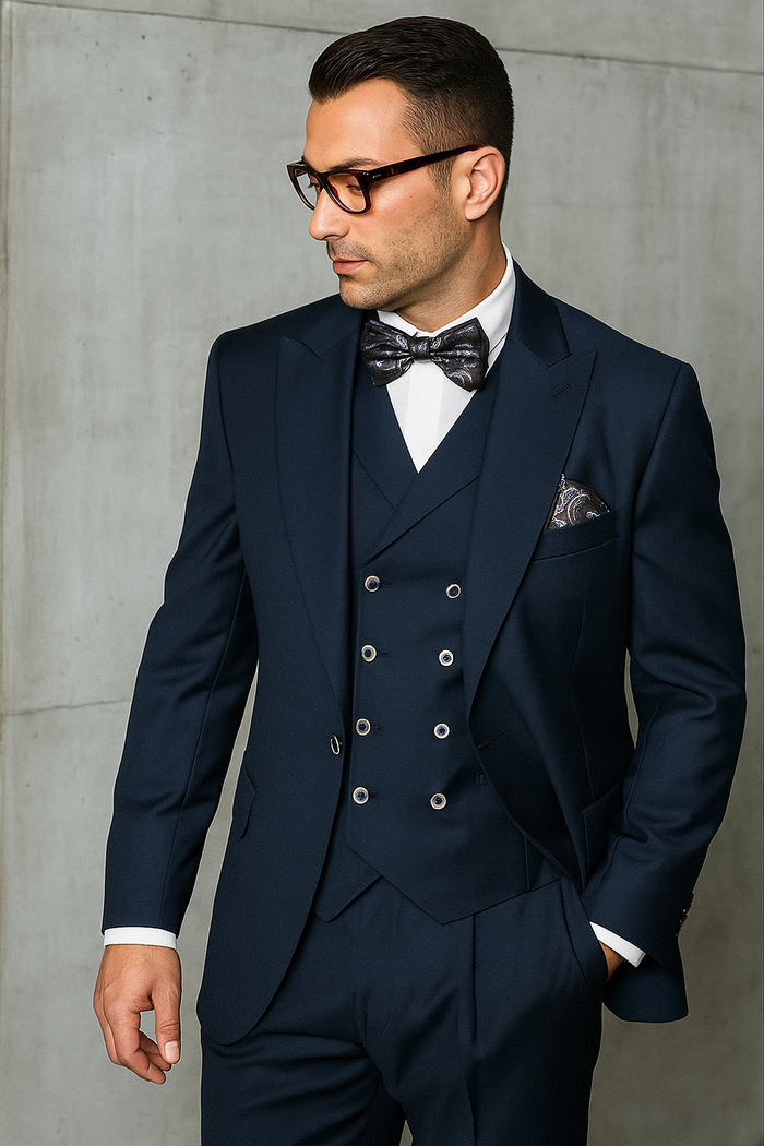 Big and Tall Suits - 100% Wool Suit - Peak Lapel Classic Fit - Pleated Pants - Navy
