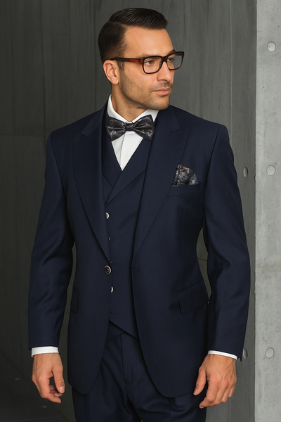 Big and Tall Suits - 100% Wool Suit - Peak Lapel Classic Fit - Pleated Pants - Navy