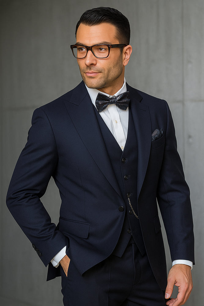 Big and Tall Suits - 100% Wool Suit - Peak Lapel Classic Fit - Pleated Pants - Navy