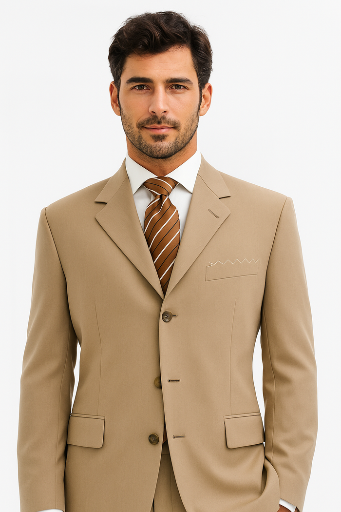 Soft Solid Three Button Drak Tan ~ Beige/ Taup Business Super 140'S Wool Dress Cheap Priced Business Suits Clearance Sale Available In 2 Or 3 Buttons Style Regular Classic Cut