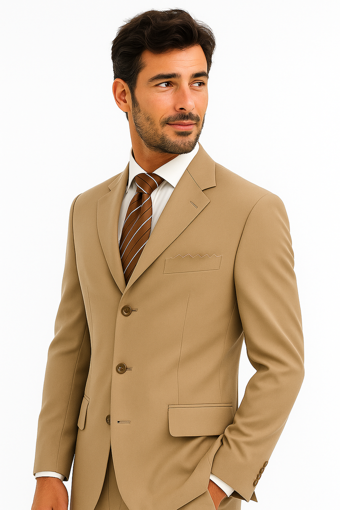 Soft Solid Three Button Drak Tan ~ Beige/ Taup Business Super 140'S Wool Dress Cheap Priced Business Suits Clearance Sale Available In 2 Or 3 Buttons Style Regular Classic Cut