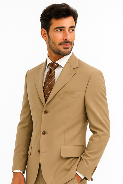 Soft Solid Three Button Drak Tan ~ Beige/ Taup Business Super 140'S Wool Dress Cheap Priced Business Suits Clearance Sale Available In 2 Or 3 Buttons Style Regular Classic Cut