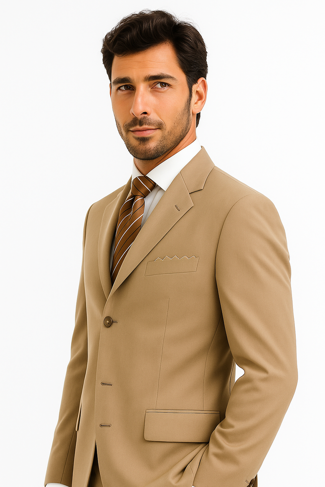 Soft Solid Three Button Drak Tan ~ Beige/ Taup Business Super 140'S Wool Dress Cheap Priced Business Suits Clearance Sale Available In 2 Or 3 Buttons Style Regular Classic Cut