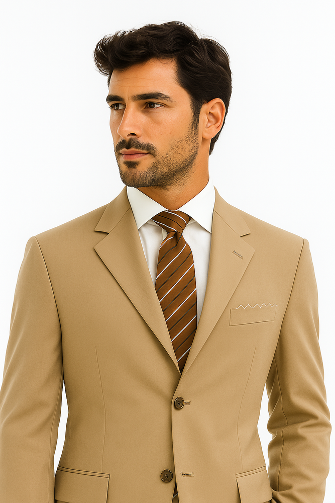 Soft Solid Three Button Drak Tan ~ Beige/ Taup Business Super 140'S Wool Dress Cheap Priced Business Suits Clearance Sale Available In 2 Or 3 Buttons Style Regular Classic Cut