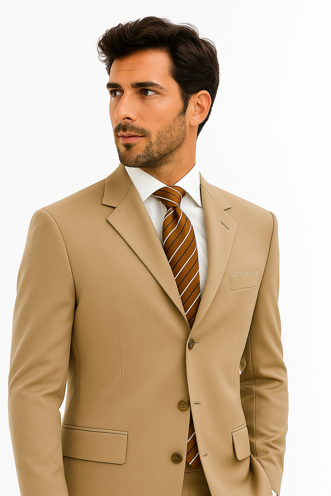Soft Solid Three Button Drak Tan ~ Beige/ Taup Business Super 140'S Wool Dress Cheap Priced Business Suits Clearance Sale Available In 2 Or 3 Buttons Style Regular Classic Cut