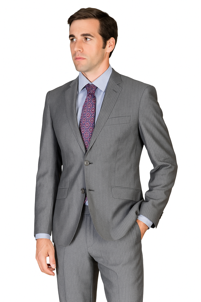 Men's Slim Fit Grey Stripe ~ Pinstripe Wool and Silk Blend Suit