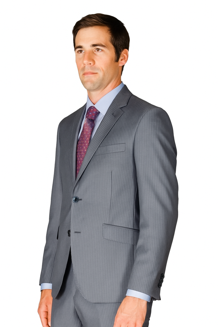 Men's Slim Fit Grey Stripe ~ Pinstripe Wool and Silk Blend Suit