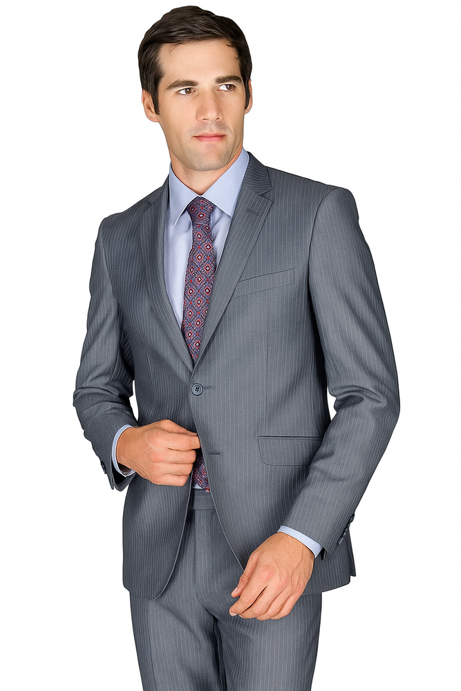 Men's Slim Fit Grey Stripe ~ Pinstripe Wool and Silk Blend Suit