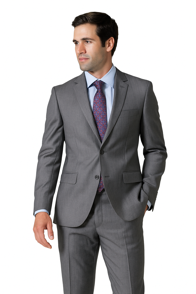 Men's Slim Fit Grey Stripe ~ Pinstripe Wool and Silk Blend Suit