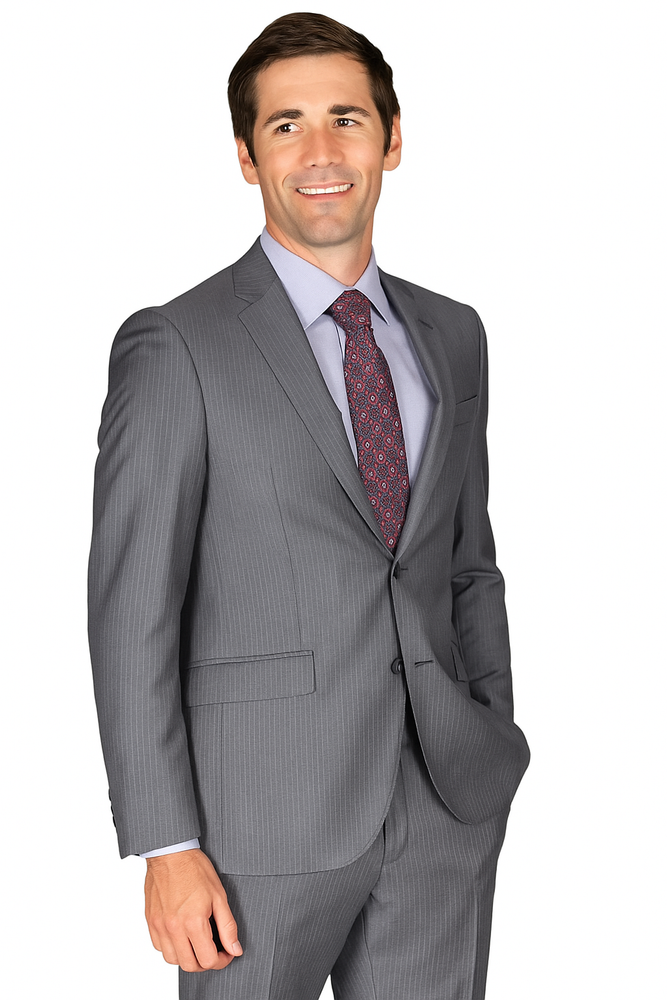 Men's Slim Fit Grey Stripe ~ Pinstripe Wool and Silk Blend Suit