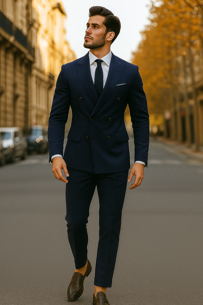 Slim Fit Double Breasted Suit Gold Buttons - Navy Suit - Designer Wool Suits