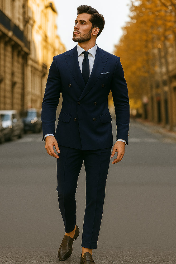 Slim Fit Double Breasted Suit Gold Buttons - Navy Suit - Designer Wool Suits