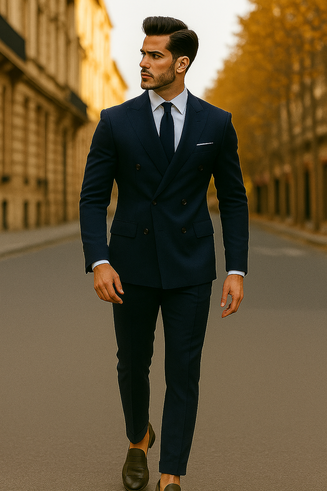 Slim Fit Double Breasted Suit Gold Buttons - Navy Suit - Designer Wool Suits