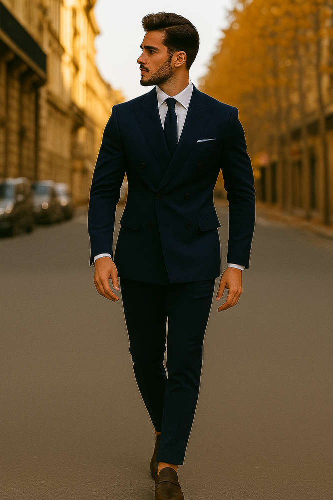 Slim Fit Double Breasted Suit Gold Buttons - Navy Suit - Designer Wool Suits