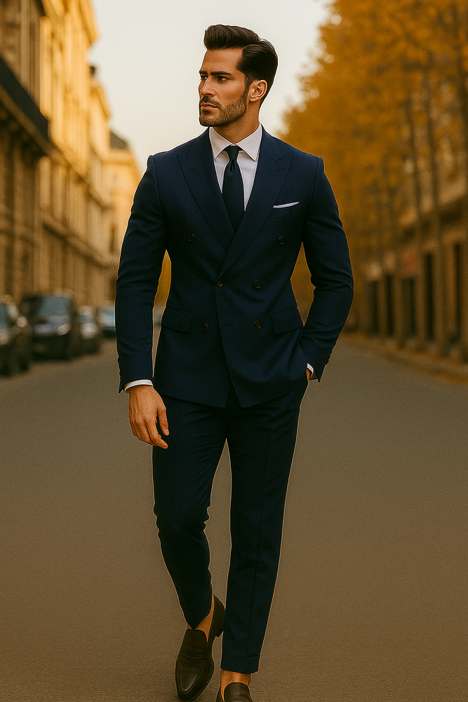 Slim Fit Double Breasted Suit Gold Buttons - Navy Suit - Designer Wool Suits