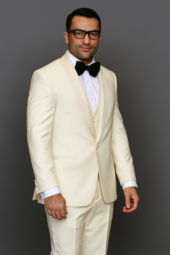 Champagne Suit 1 Button Ivory ~ Cream ~ Off White Tuxedo Shawl Lapel Suit Vested Wool Suit