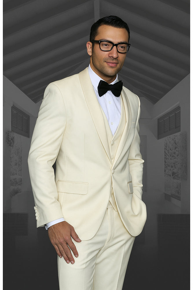 Champagne Suit 1 Button Ivory ~ Cream ~ Off White Tuxedo Shawl Lapel Suit Vested Wool Suit
