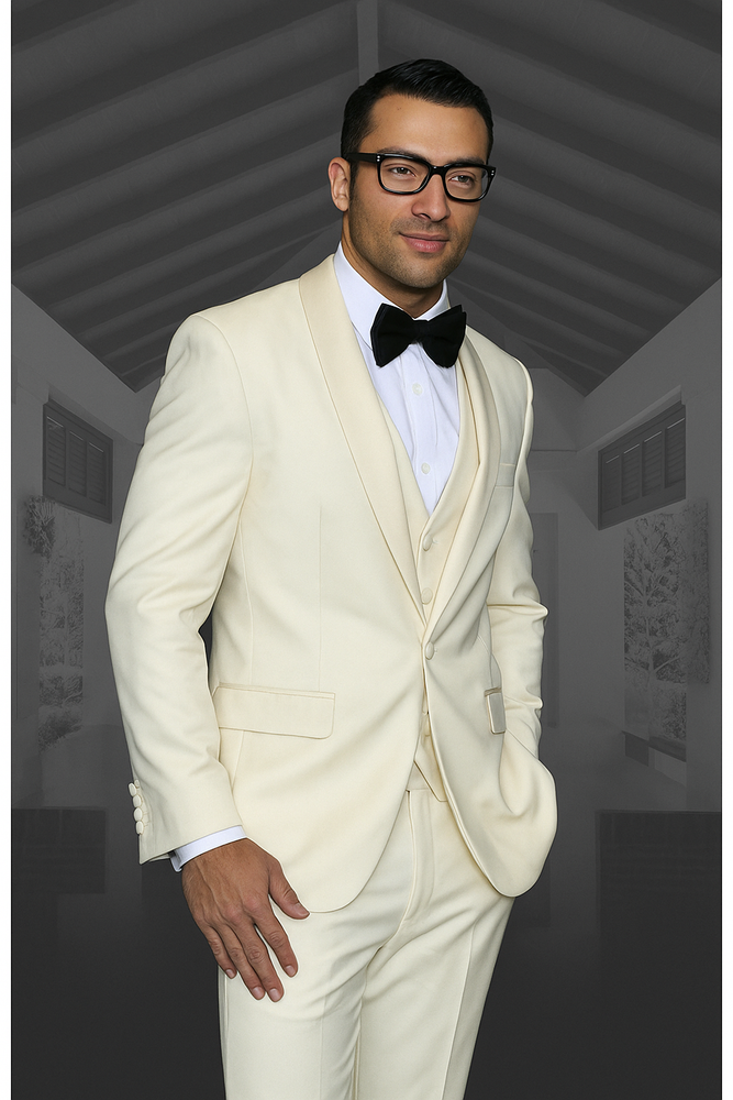 Champagne Suit 1 Button Ivory ~ Cream ~ Off White Tuxedo Shawl Lapel Suit Vested Wool Suit