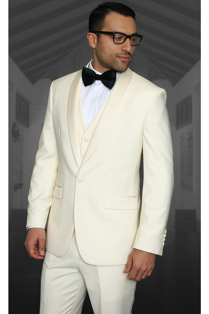 Champagne Suit 1 Button Ivory ~ Cream ~ Off White Tuxedo Shawl Lapel Suit Vested Wool Suit