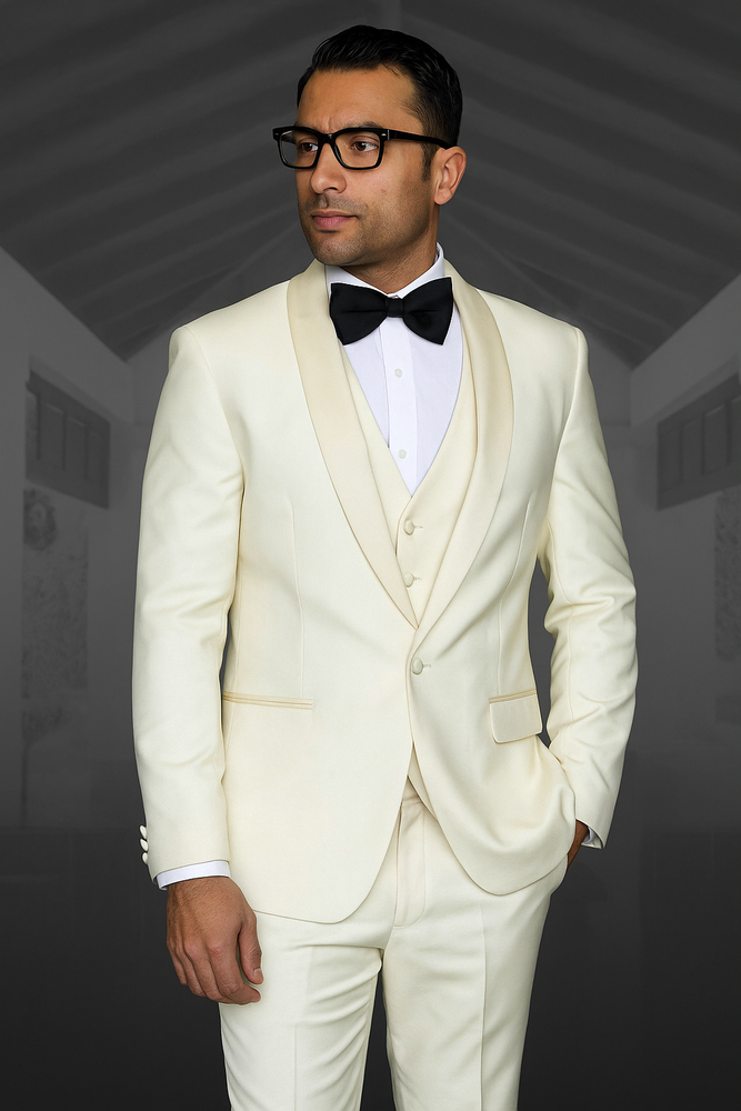 Champagne Suit 1 Button Ivory ~ Cream ~ Off White Tuxedo Shawl Lapel Suit Vested Wool Suit