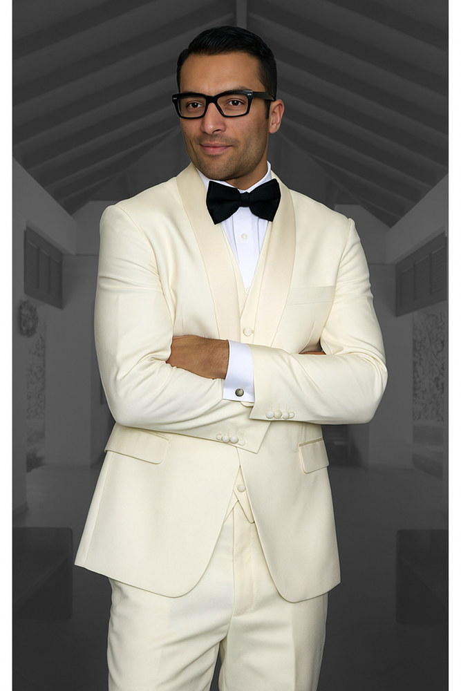 Champagne Suit 1 Button Ivory ~ Cream ~ Off White Tuxedo Shawl Lapel Suit Vested Wool Suit