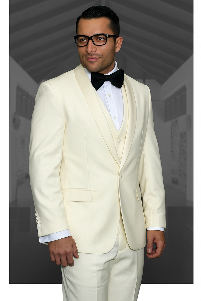 Champagne Suit 1 Button Ivory ~ Cream ~ Off White Tuxedo Shawl Lapel Suit Vested Wool Suit