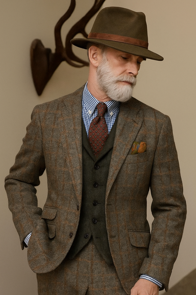 Mens Brown Tweed Suit - Brown Plaid Suit - Tweed Wool Suit