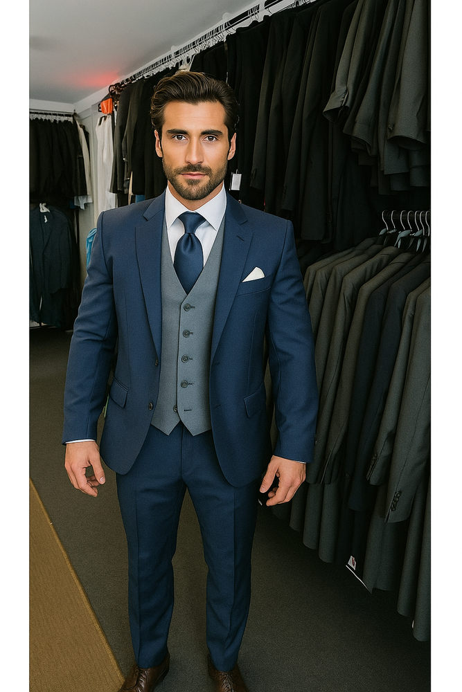 Navy Blue Suit For Men With Grey Vest Vested 3 Piece Wool suit