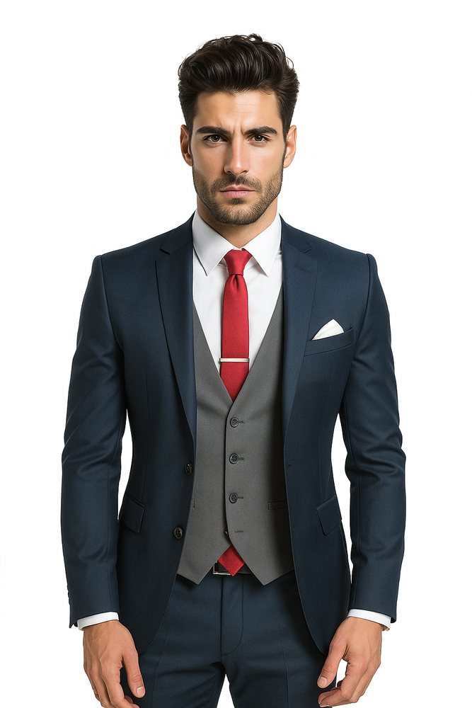 Navy Blue Suit For Men With Grey Vest Vested 3 Piece Wool suit