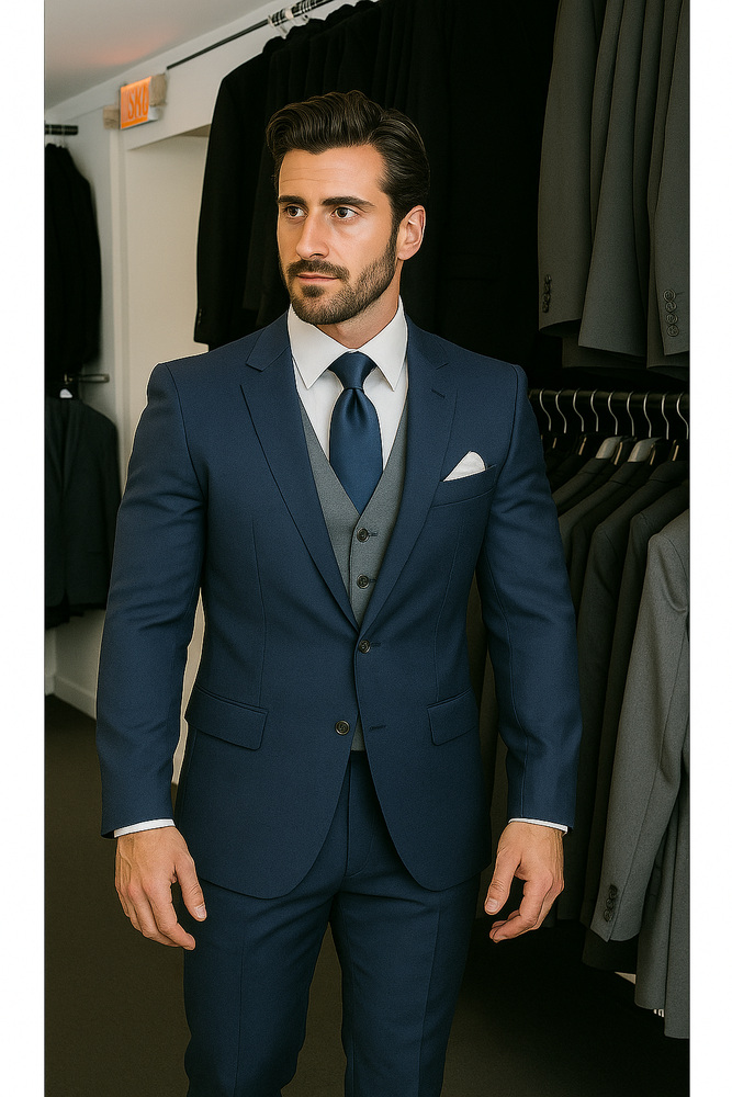 Navy Blue Suit For Men With Grey Vest Vested 3 Piece Wool suit
