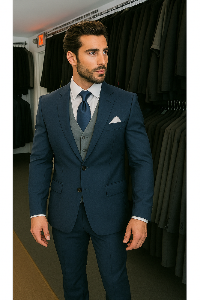 Navy Blue Suit For Men With Grey Vest Vested 3 Piece Wool suit