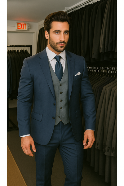 Navy Blue Suit For Men With Grey Vest Vested 3 Piece Wool suit