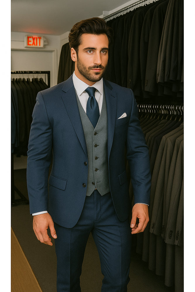 Navy Blue Suit For Men With Grey Vest Vested 3 Piece Wool suit