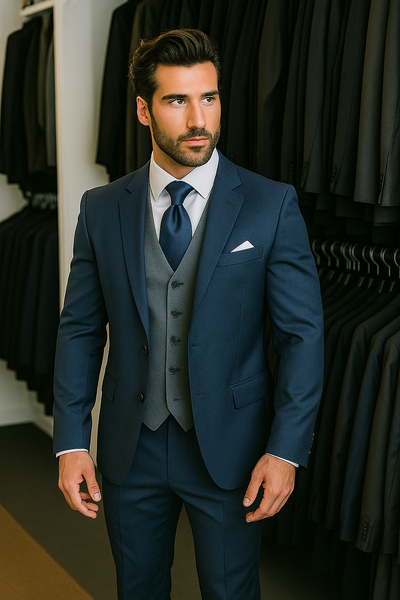 Navy Blue Suit For Men With Grey Vest Vested 3 Piece Wool suit