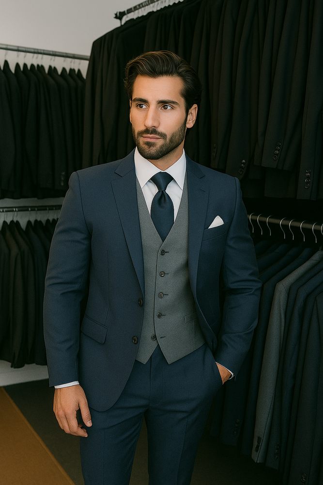 Navy Blue Suit For Men With Grey Vest Vested 3 Piece Wool suit