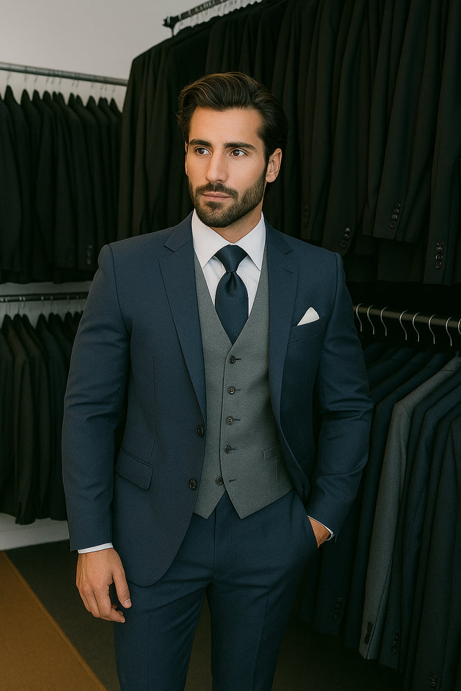Navy Blue Suit For Men With Grey Vest Vested 3 Piece Wool suit