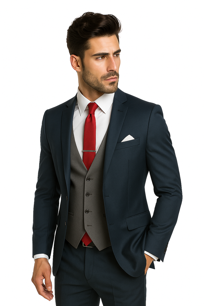 Navy Blue Suit For Men With Grey Vest Vested 3 Piece Wool suit