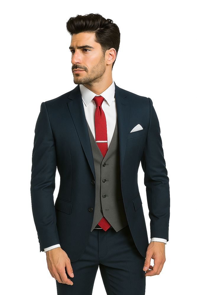 Navy Blue Suit For Men With Grey Vest Vested 3 Piece Wool suit