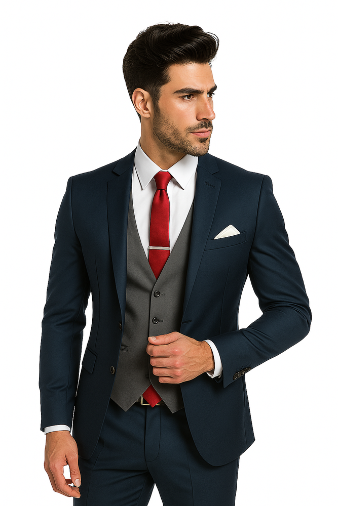 Navy Blue Suit For Men With Grey Vest Vested 3 Piece Wool suit
