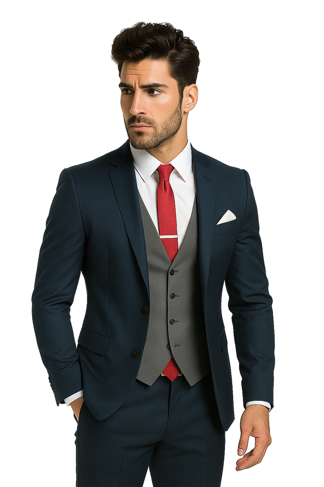 Navy Blue Suit For Men With Grey Vest Vested 3 Piece Wool suit